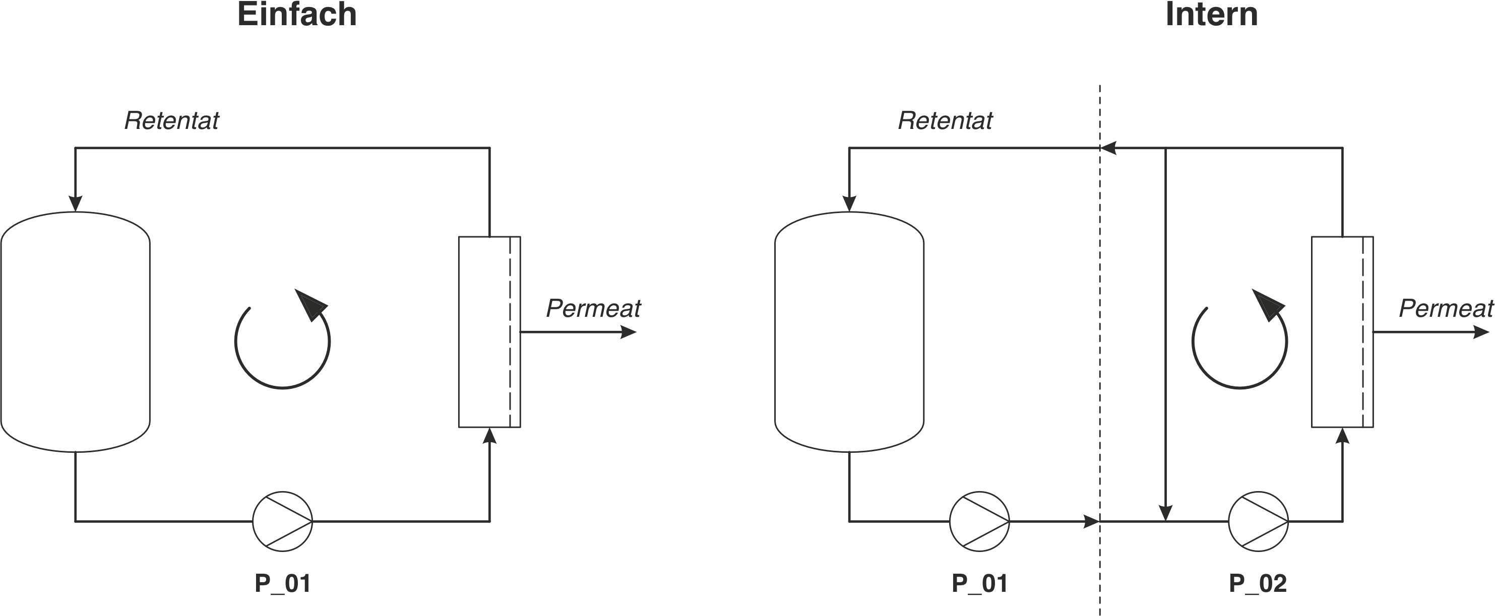 Schema eines einfachen und internen Rezirkulationskreislaufs mit ein oder zwei Pumpen in einem Membransystem >

<p class=